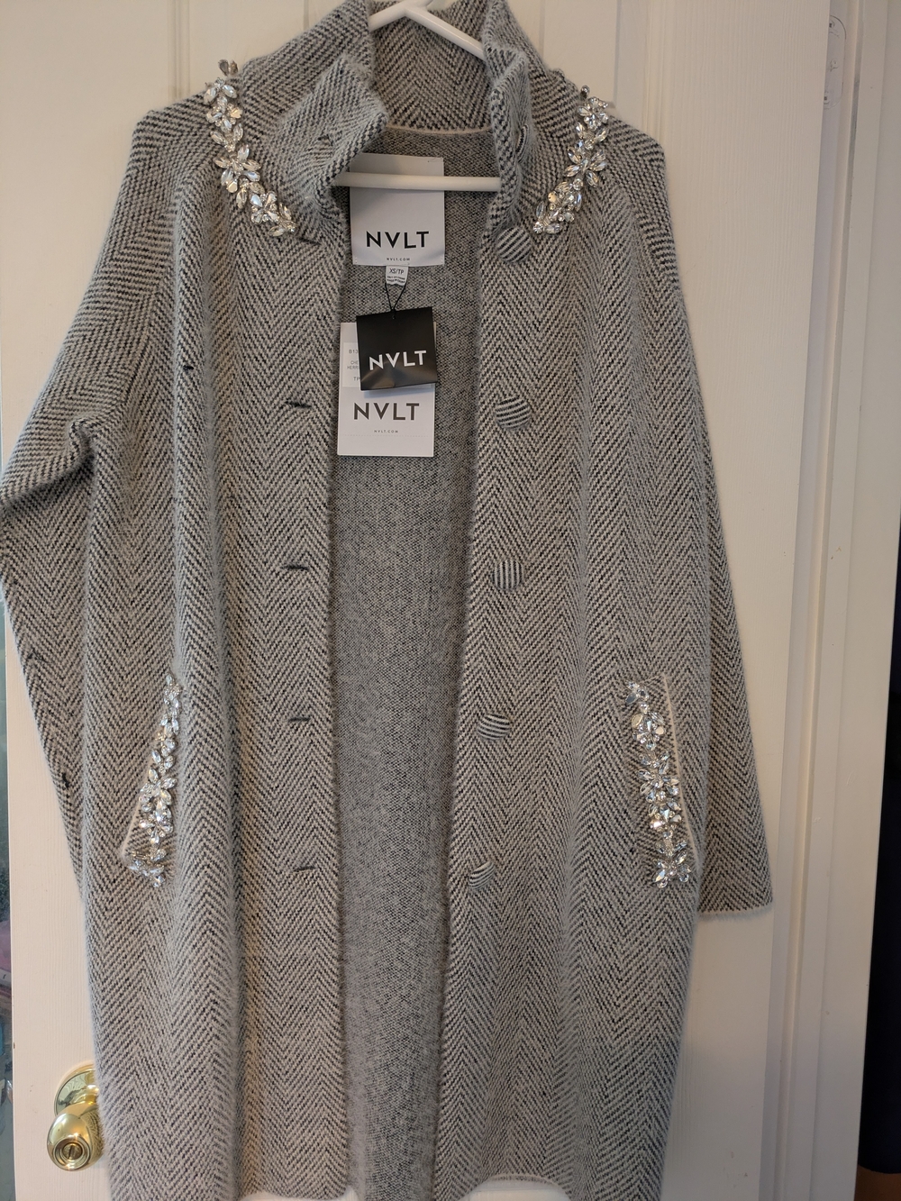 NVLT Women's Embellished Herringbone Gray Coat Sweater